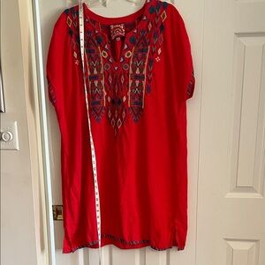 Johnny Was 100% Linen red, embroidered cap sleeve dress / cover up Size XL